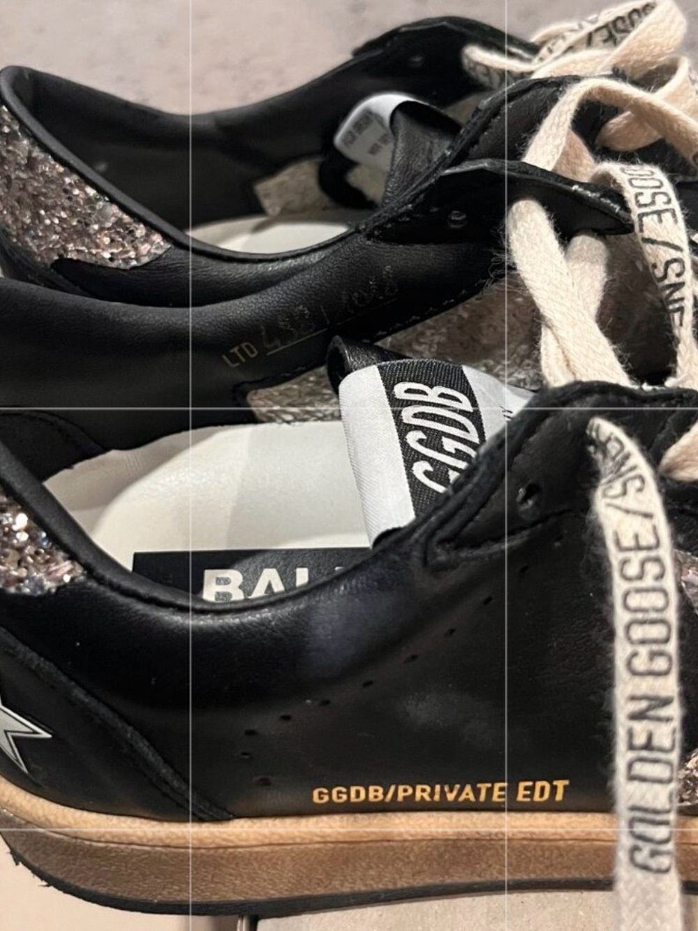 Golden Goose BALLSTAR Black Leather Sneakers Glitter Stars with Beige Soles - Picture 4 of 15